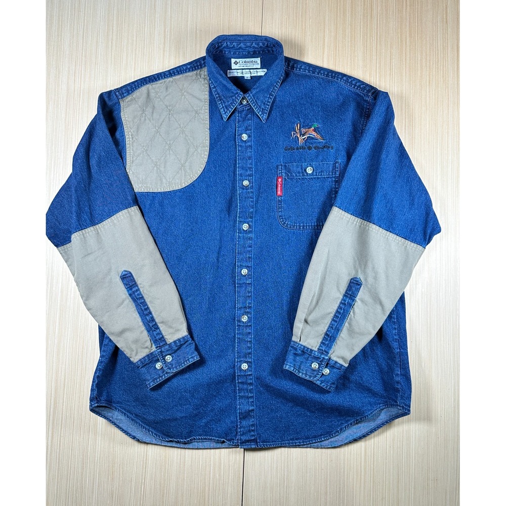 Columbia Shirt Mens Large Blue Denim Pheasant Logo Patches Button Up Hunting